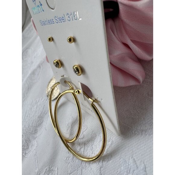Mint Stainless Steel 316L 3 Pack Gold Tone Studs & Round 1.5" Hoop Earrings NEW - Picture 3 of 5